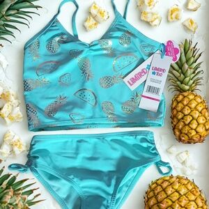 🌺 Limited Too Young Girl's Blue/Gold Pineapple Tankini (Size 5/6)